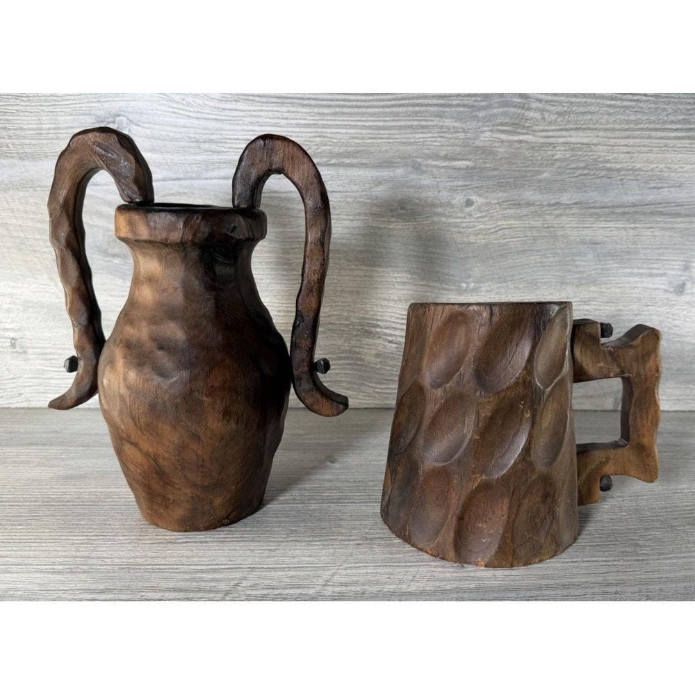 Vtg Hand Carved Wood Tankard Nailed Handle Stein & 2 Handled Vase Folk Art Cabin